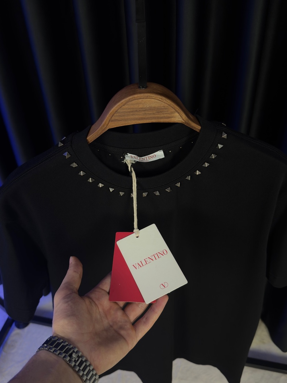 Valentino Black Short Sleeve Crewneck Tee with Silver Studs